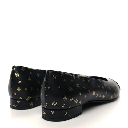 Chanel Lambskin Patent Calfskin Printed CC Cap Toe Ballerina Flats 39.5 Black Gold 4 of 9