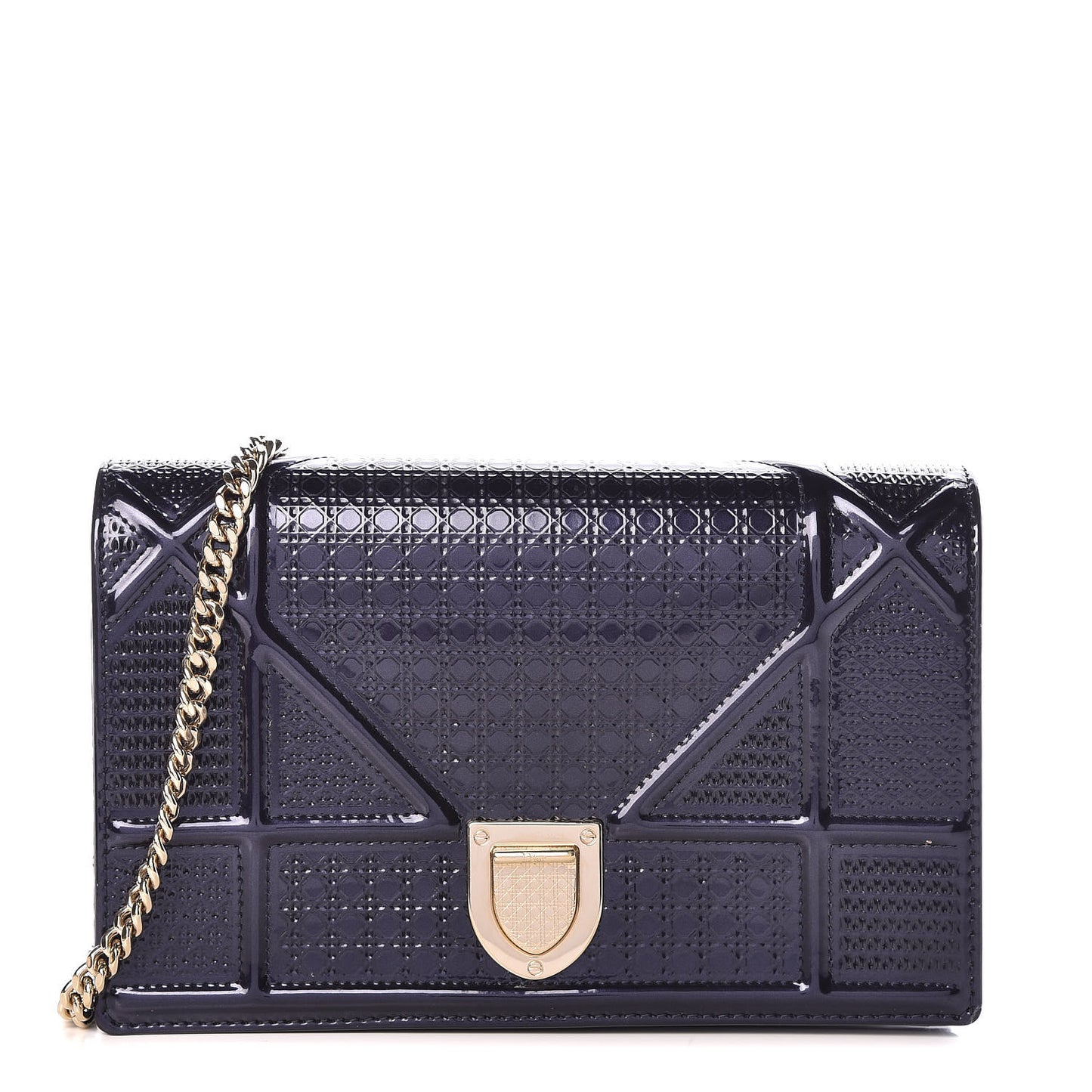 Metallic Patent Micro-Cannage Diorama Wallet on Chain Pouch Navy Blue