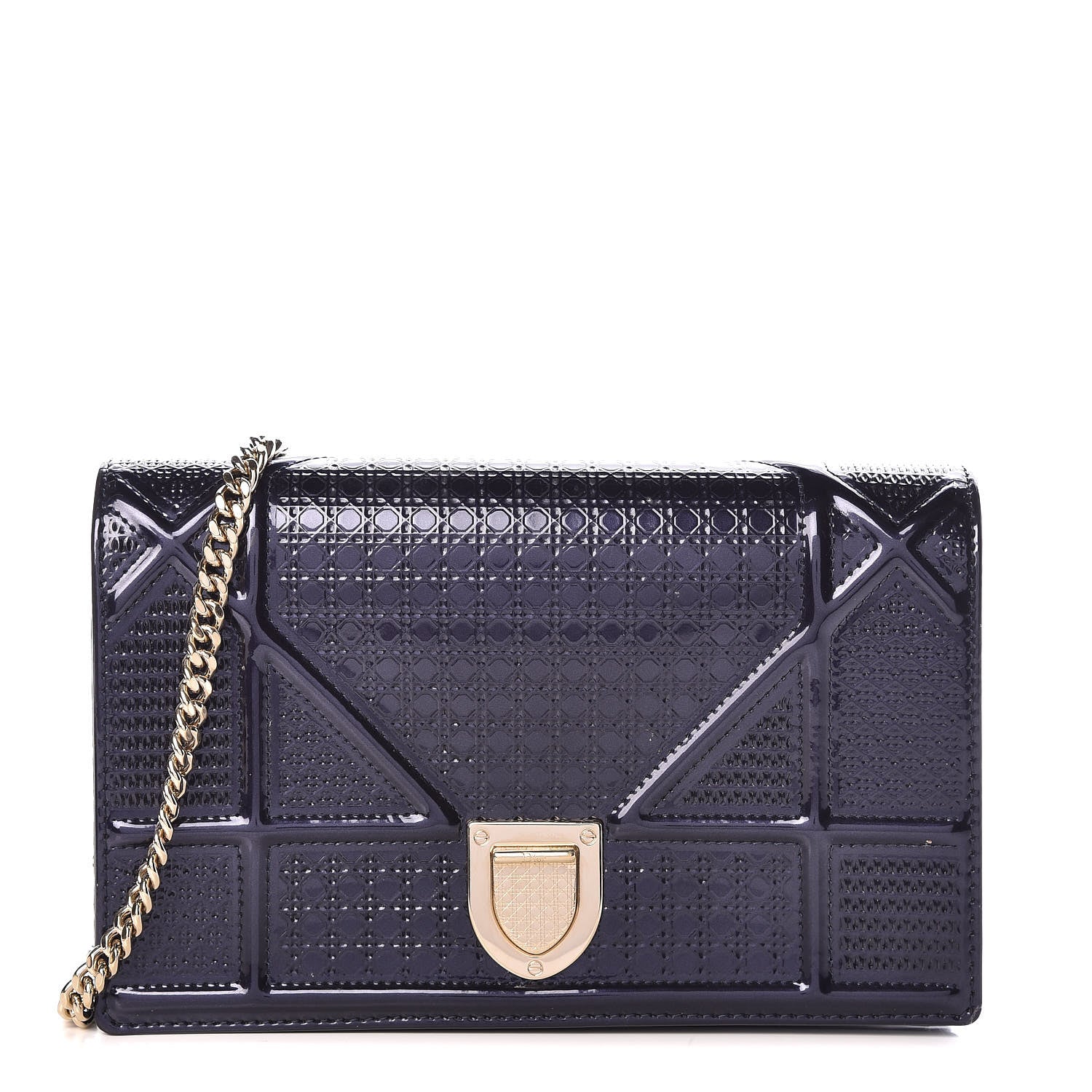 Christian Dior Metallic Patent Micro-Cannage Diorama Wallet on Chain Pouch Navy Blue 1 of 14