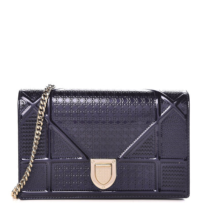 Christian Dior Metallic Patent Micro-Cannage Diorama Wallet on Chain Pouch Navy Blue 1 of 14