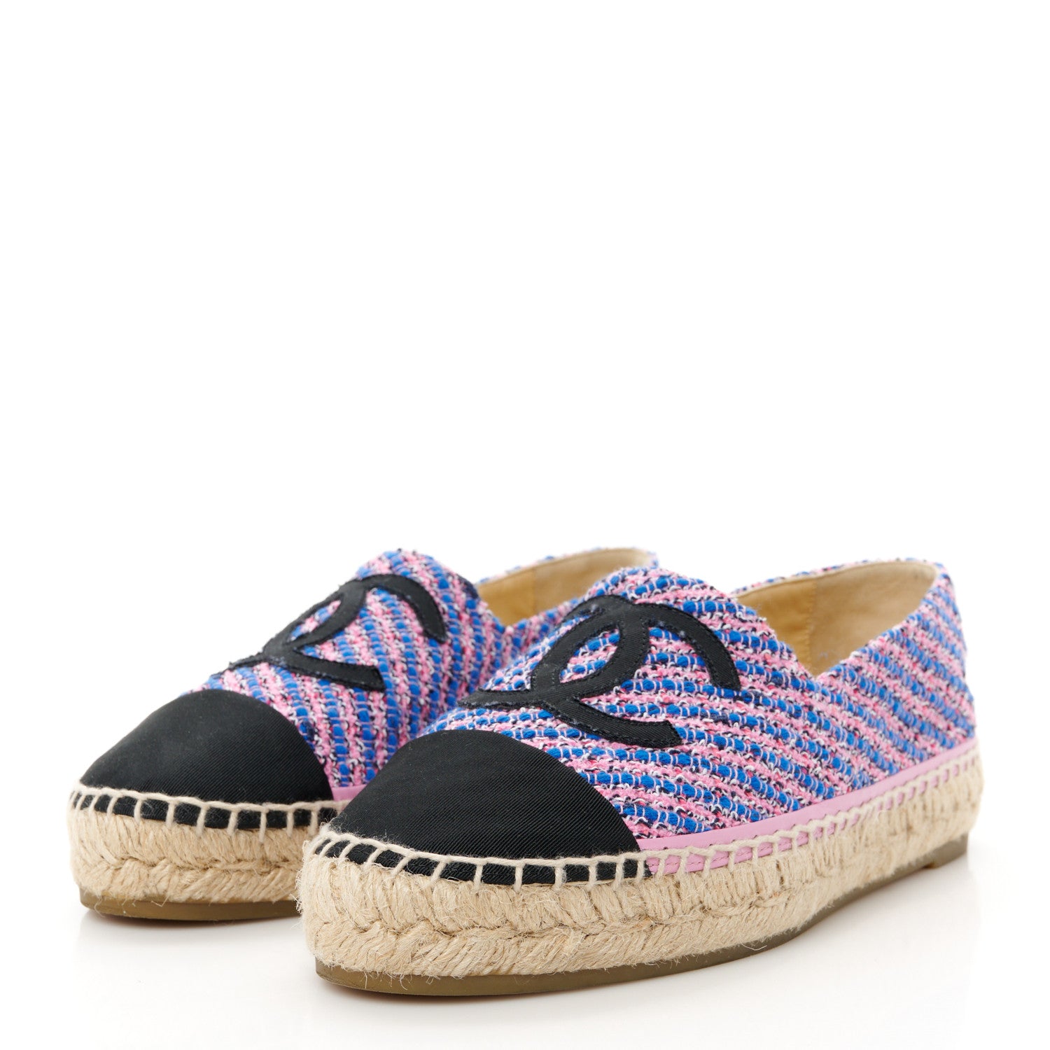 Chanel Tweed Grosgrain CC Espadrilles 38 Blue Pink Black White 4 of 12