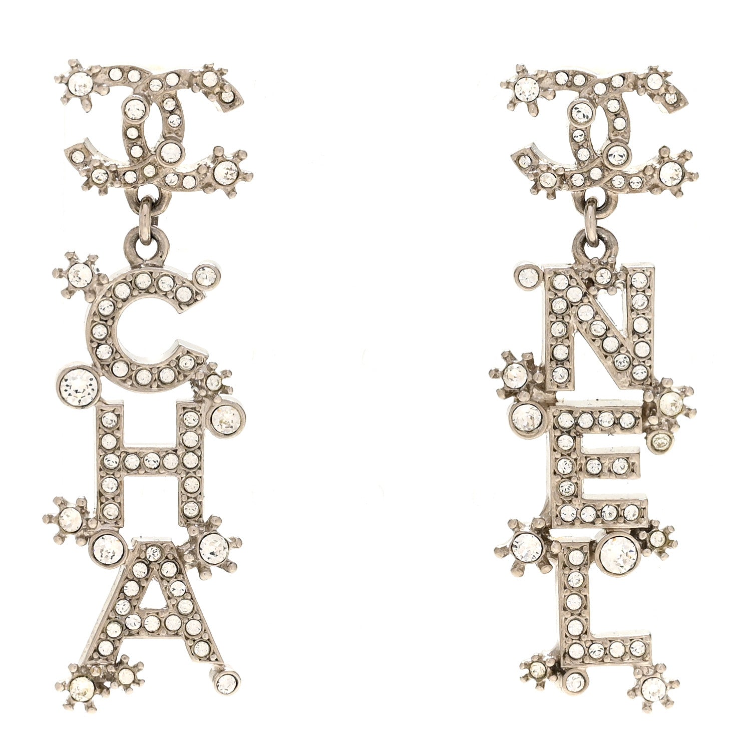 Chanel Crystal Cha-Nel Logo Drop Earrings Silver 1 of 5