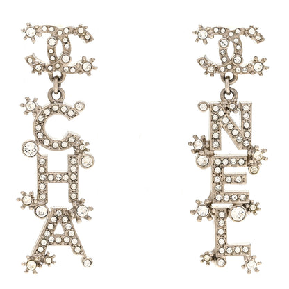 Chanel Crystal Cha-Nel Logo Drop Earrings Silver 1 of 5