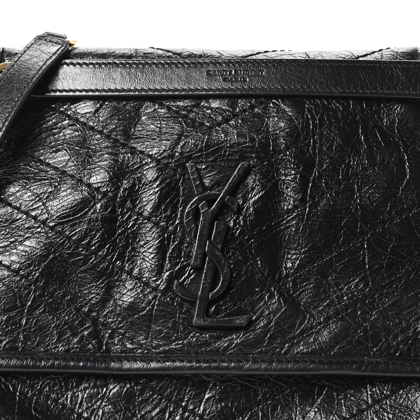 Crinkled Calfskin Matelasse Monogram Medium Niki Chain Satchel Black