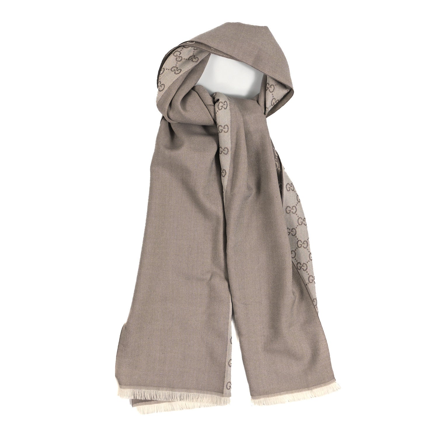 Gucci Wool GG Monogram HalfGG Fringe Scarf Ivory Beige 1 of 4