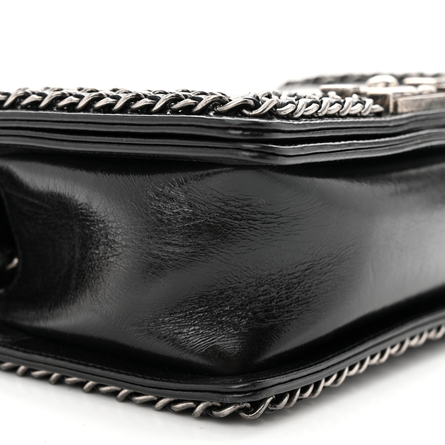 Glazed Calfskin Quilted Small Boy Chained Flap Black