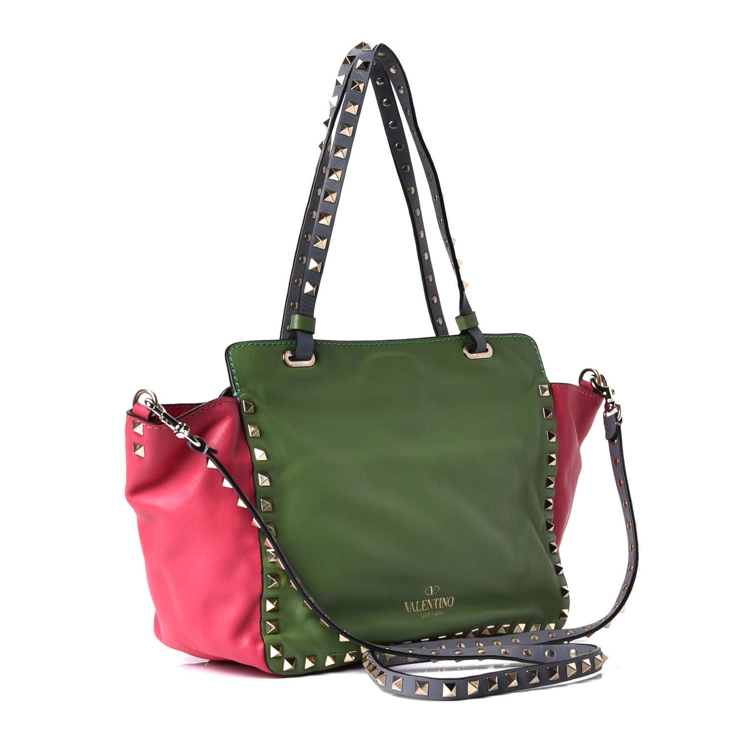 Vitello Colorblock Small Rockstud Tote Deep Rose Clover Grey Scarlet