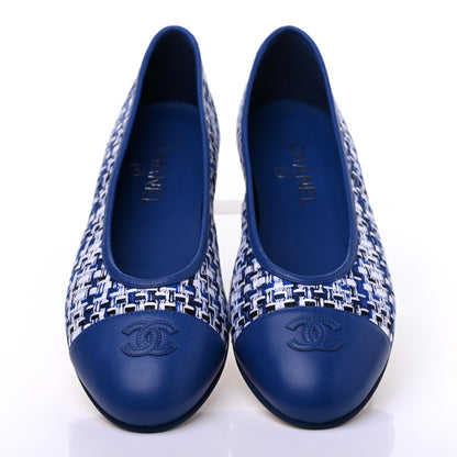 Chanel Tweed Lambskin CC Cap Toe Ballerina Flats 40 White Blue 5 of 9