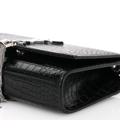 Saint Laurent Calfskin Crocodile Embossed Small Classic Monogram Kate Tassel Satchel Black 10 of 12