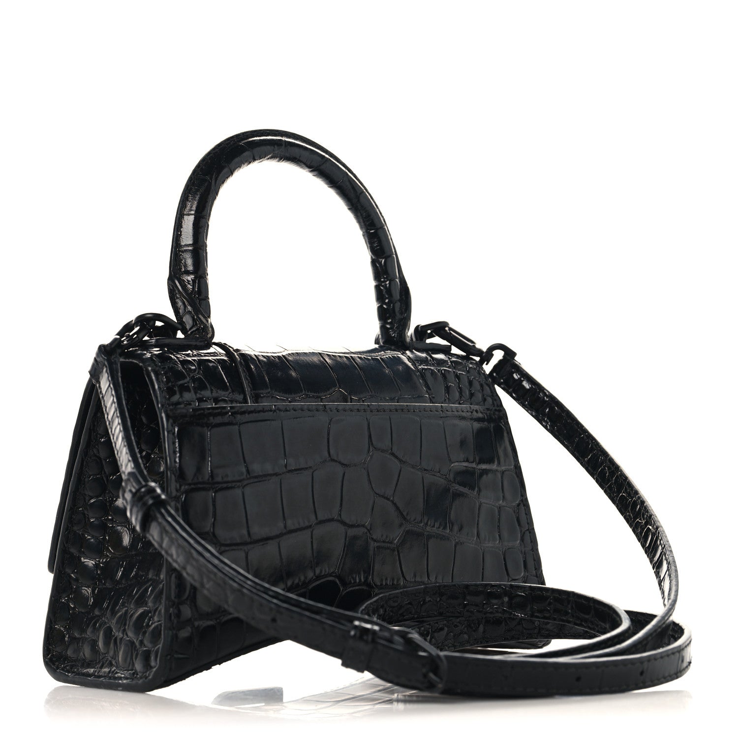 Balenciaga Shiny Calfskin Monochrome Crocodile Embossed Small Hourglass Top Handle Bag Black 2 of 12