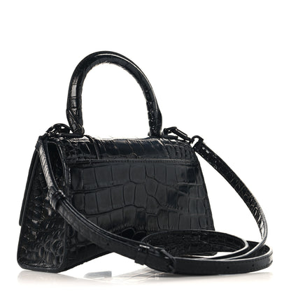 Balenciaga Shiny Calfskin Monochrome Crocodile Embossed Small Hourglass Top Handle Bag Black 2 of 12