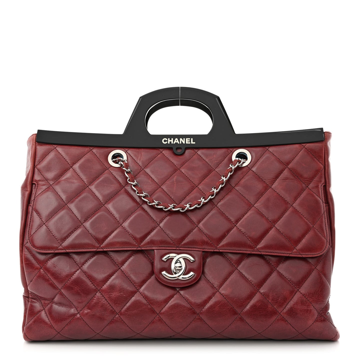 Glazed Calfskin Quilted Large CC Delivery Tote Burgundy