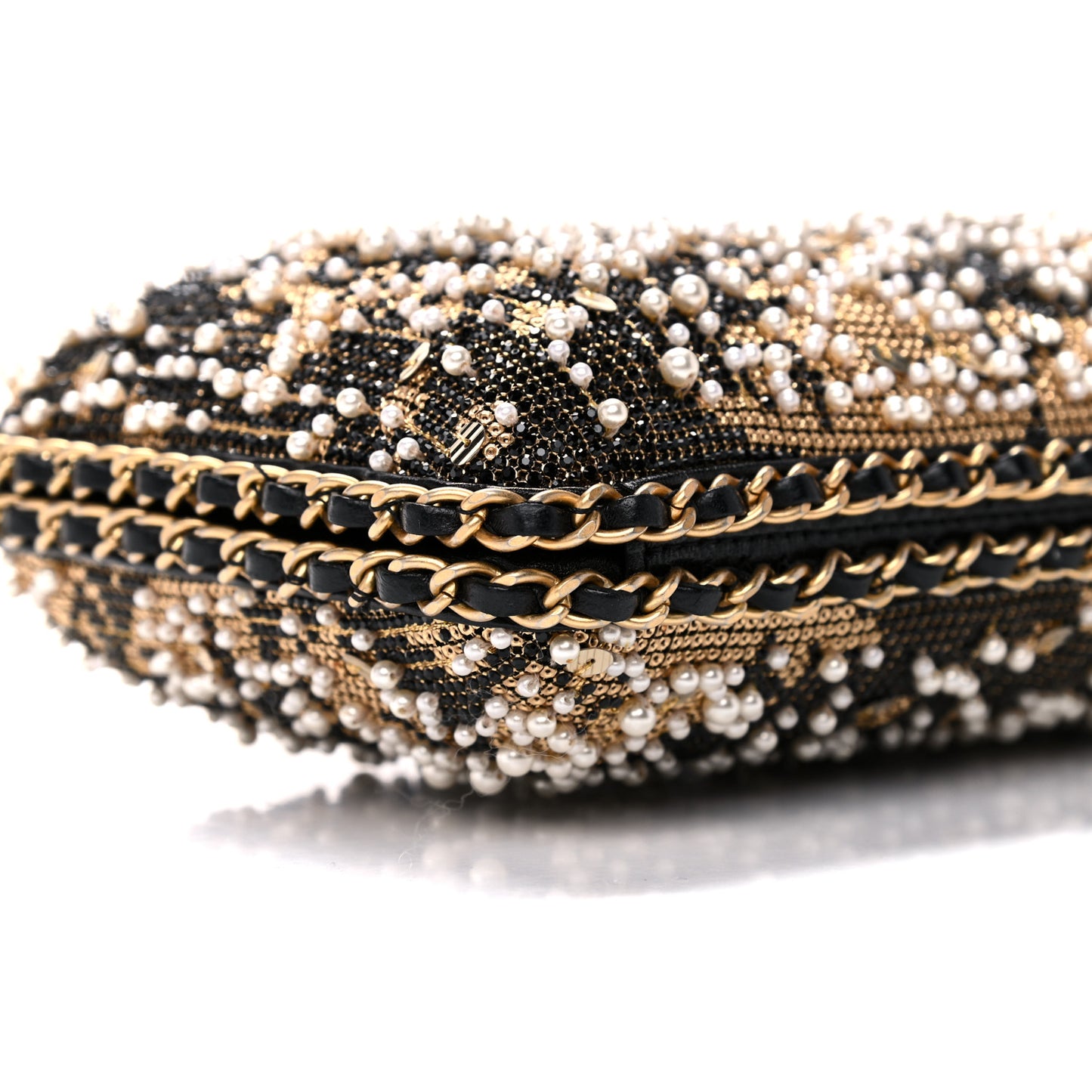 Pearl Crystal Chain Around Evening Clutch Black Gold