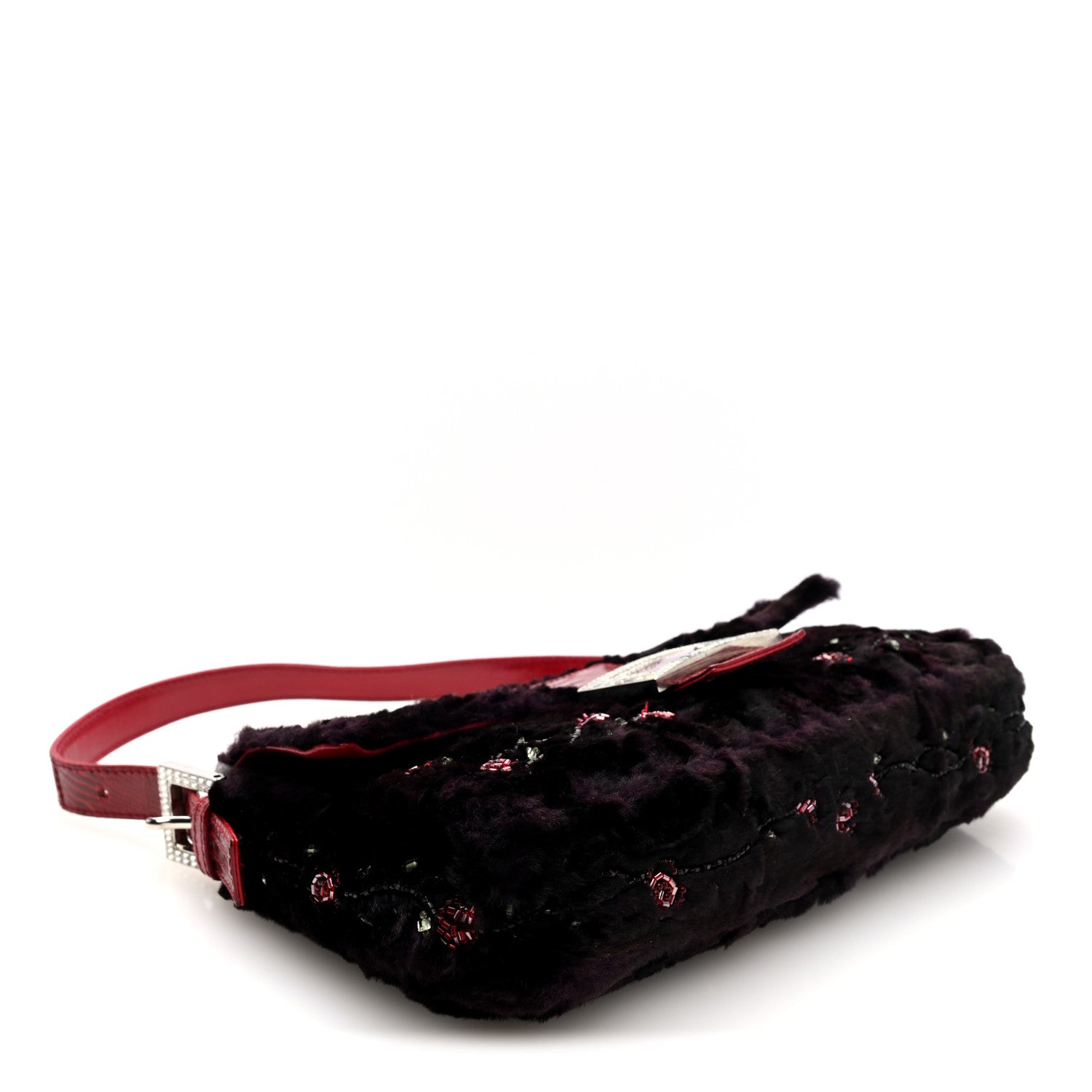 Fendi Rabbit Fur Lizard Crystal Beaded Rose Baguette Brown Red 4 of 10