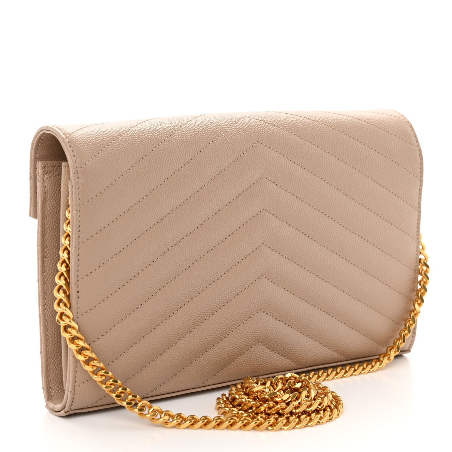 Saint Laurent Grain De Poudre Matelasse Chevron Monogram Chain Wallet Dark Beige 3 of 9