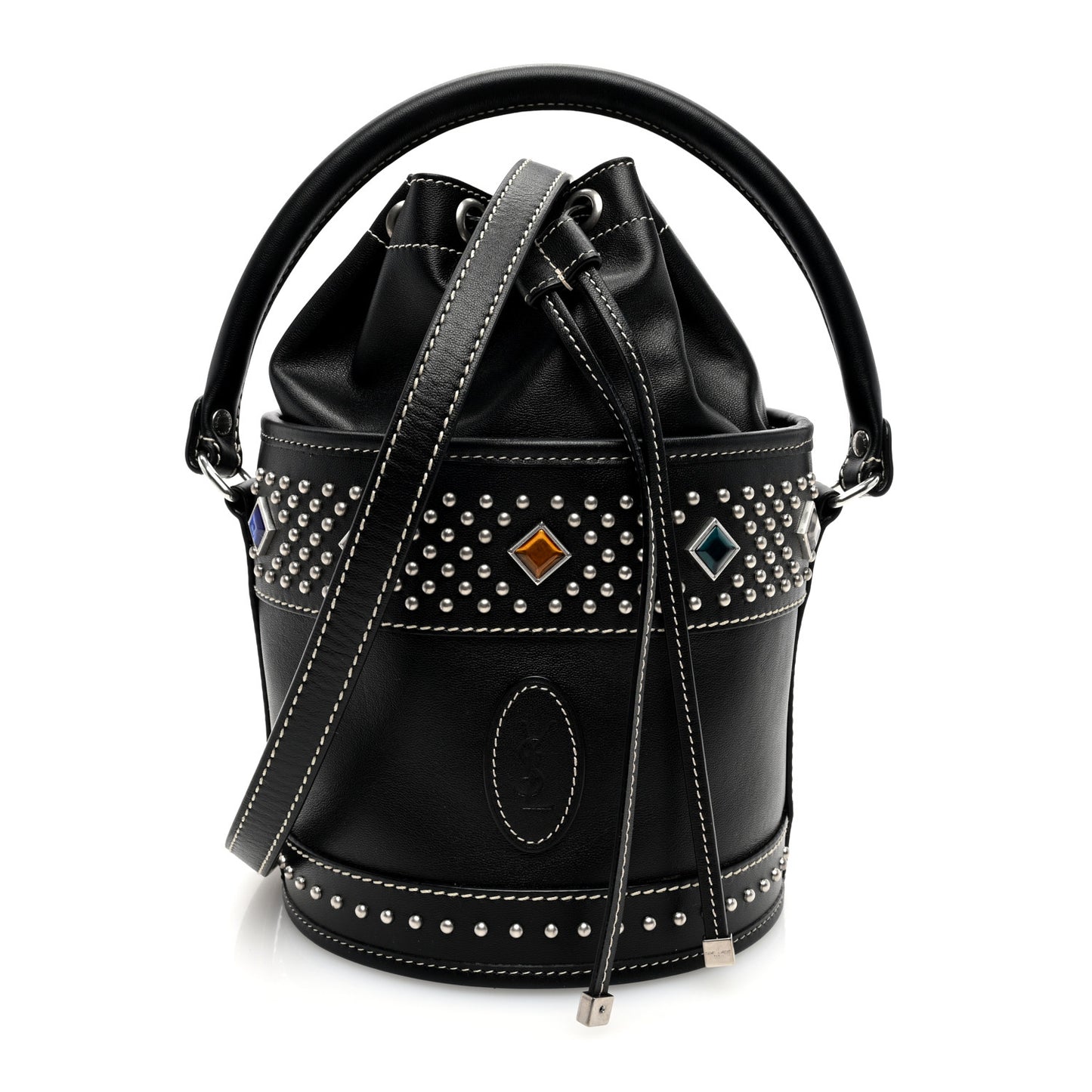 Smooth Calfskin Studded Small Bahia Drawstring Bucket Bag Black Multicolor