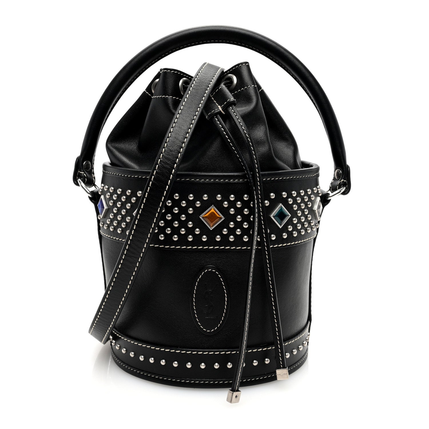 Saint Laurent Smooth Calfskin Studded Small Bahia Drawstring Bucket Bag Black Multicolor 1 of 9