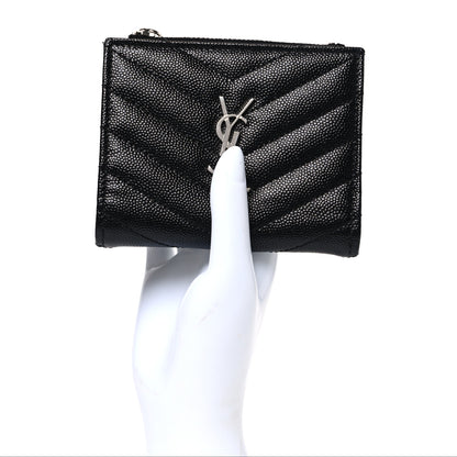 Saint Laurent Grain De Poudre Matelasse Chevron Monogram Zipped Card Case Black 2 of 8