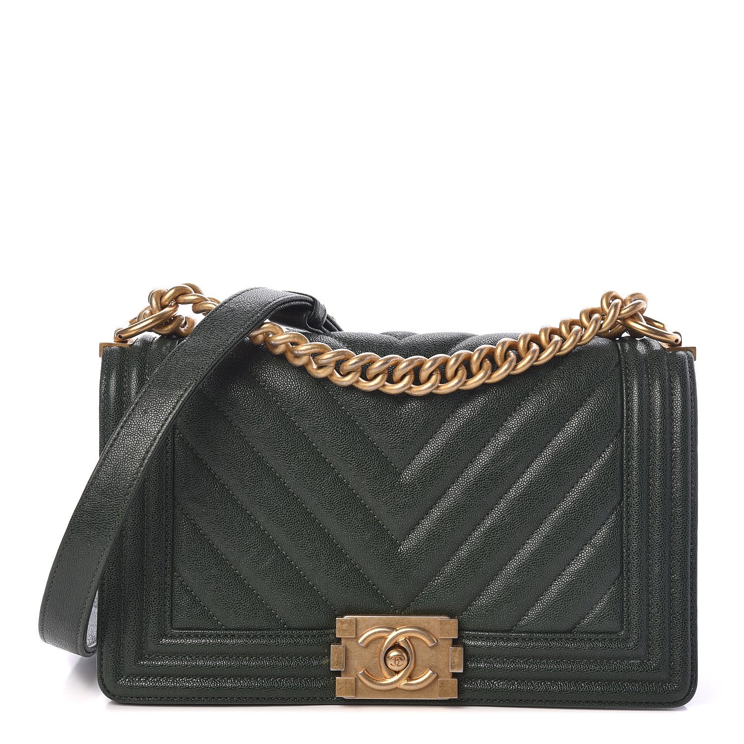 Chanel Caviar Chevron Quilted Medium Boy Flap Dark Green 1 of 10