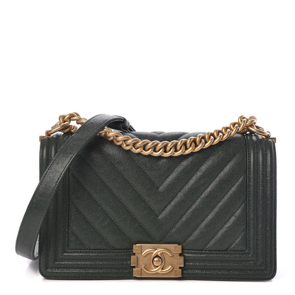 Chanel Caviar Chevron Quilted Medium Boy Flap Dark Green 1 of 10