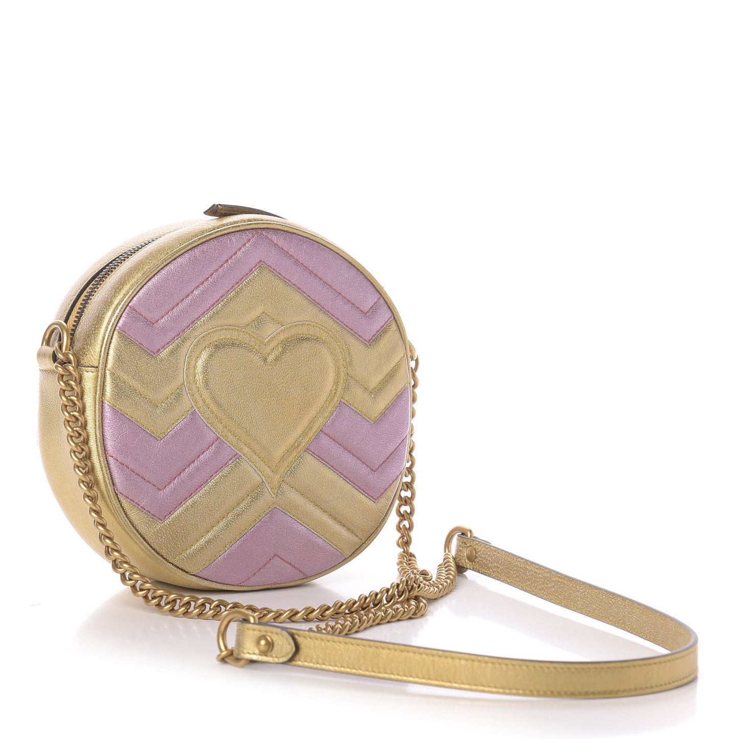 Metallic Calfskin Matelasse Mini GG Marmont Round Shoulder Bag Gold Pink