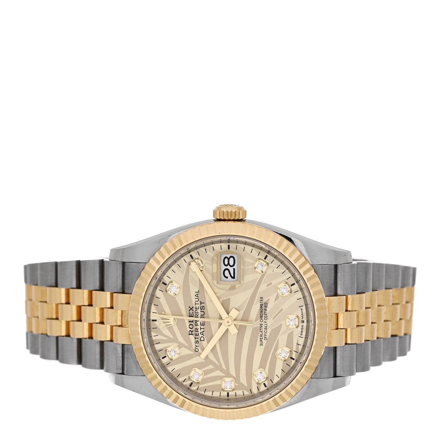 Stainless Steel 18K Yellow Gold Diamond 36mm Oyster Perpetual Datejust Watch Golden Palm 126233