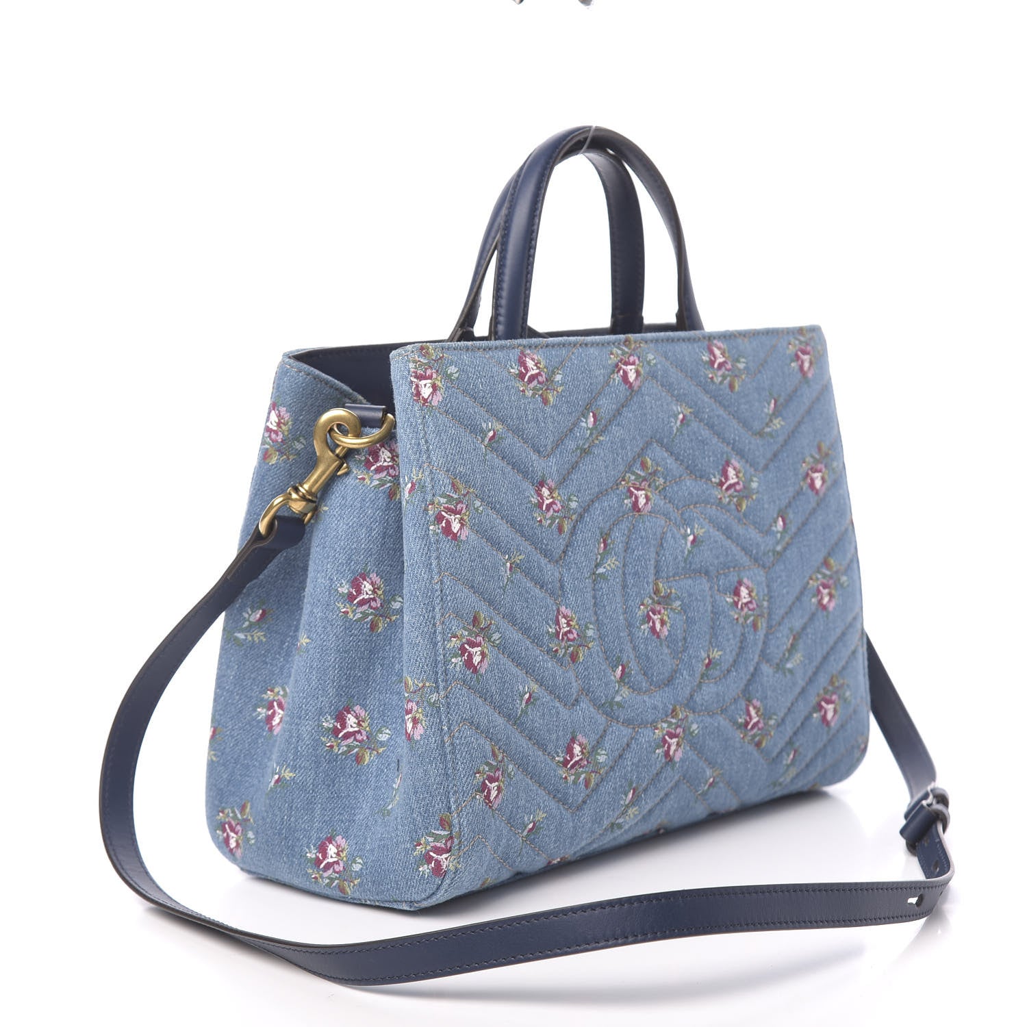 Gucci Denim Matelasse Flora Small GG Marmont Tote Blue 3 of 10