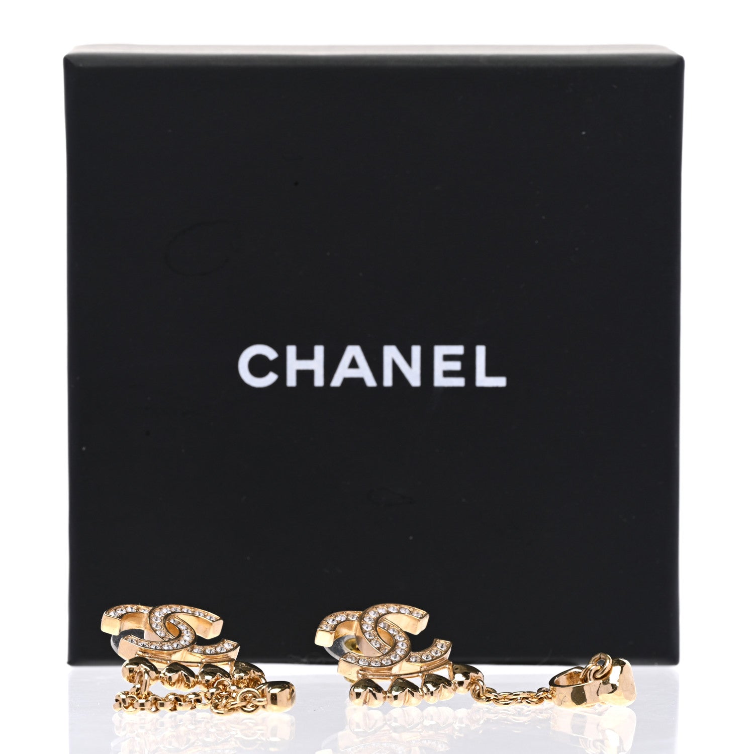 Chanel Metal Crystal CC Drop Heart Link Earrings Gold 5 of 5