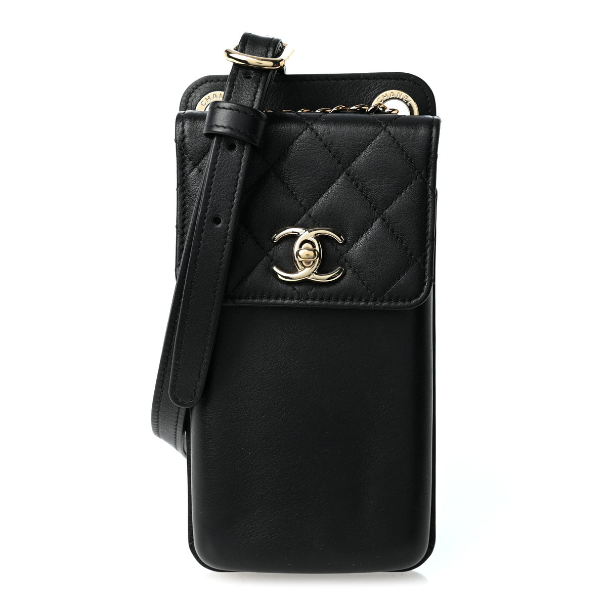 Lambskin Quilted Phone Holder Flap With Chain Black