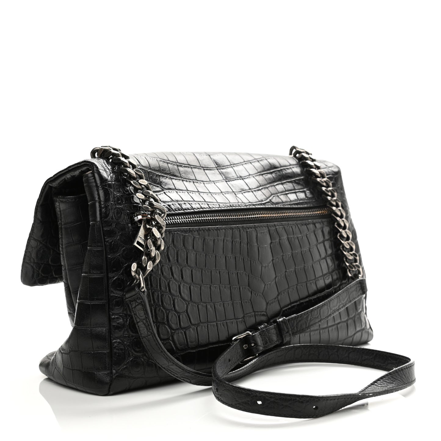 Calfskin Crocodile Embossed Medium West Hollywood Monogram Fold-Over Black
