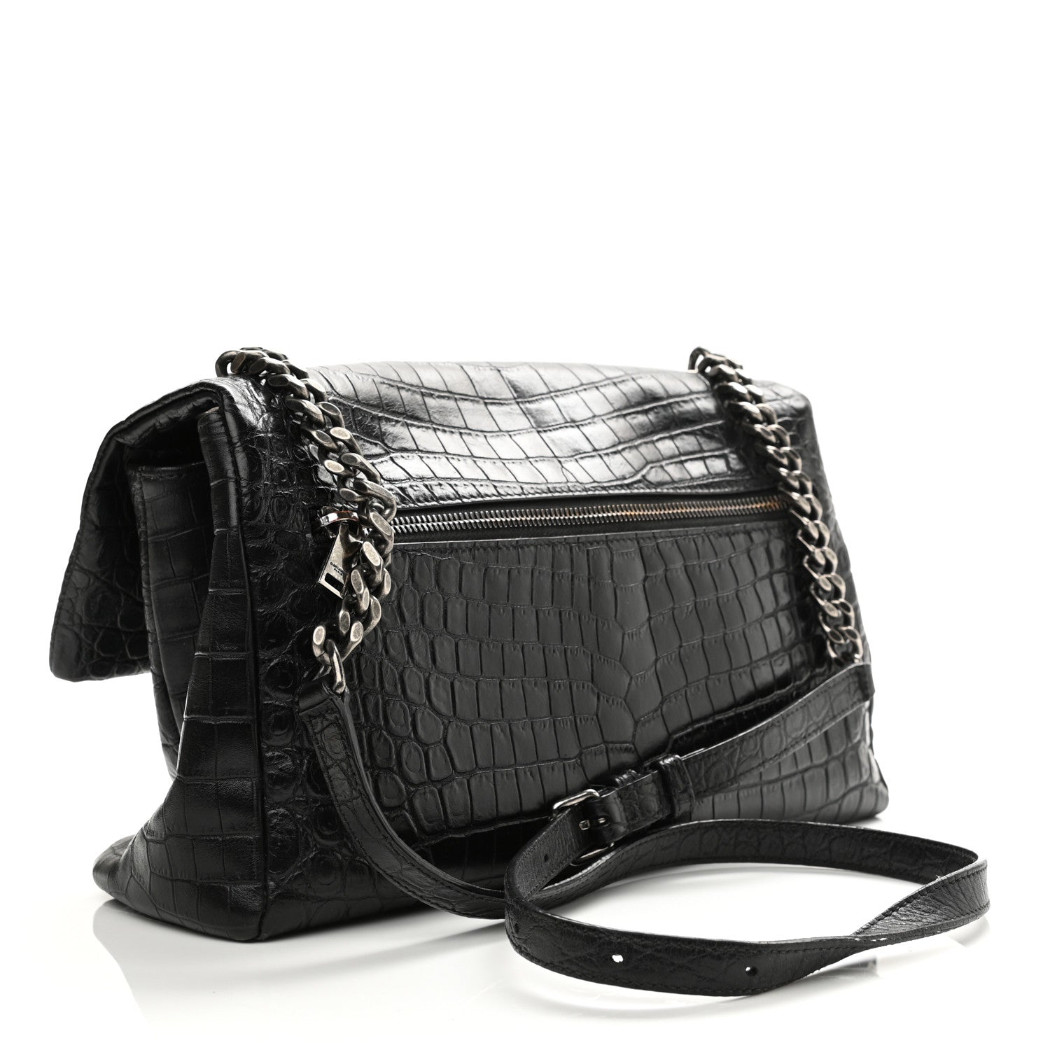 Saint Laurent Calfskin Crocodile Embossed Medium West Hollywood Monogram Fold-Over Black 4 of 23