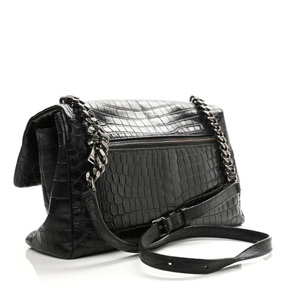 Saint Laurent Calfskin Crocodile Embossed Medium West Hollywood Monogram Fold-Over Black 4 of 23