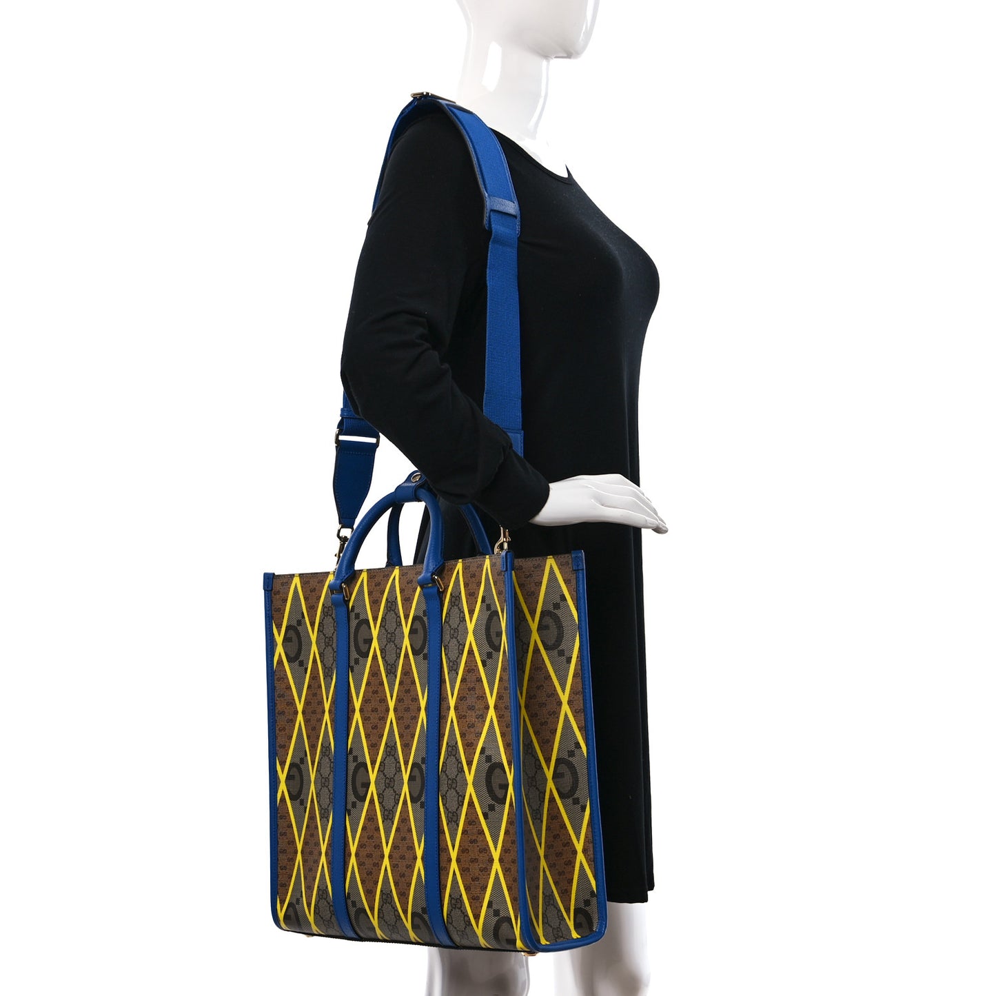 GG Supreme Monogram Mix Textured Dollar Calfskin Rhombus Inlay Large Tote Bag Beige Ebony Harvest Joy Blue