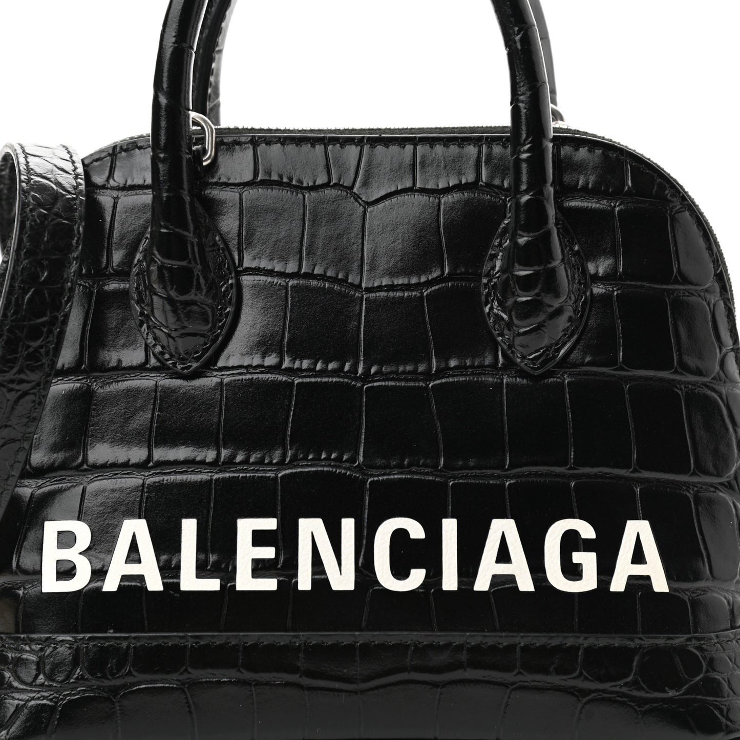 Calfskin Logo Crocodile Embossed XXS Ville Top Handle Bag Black White