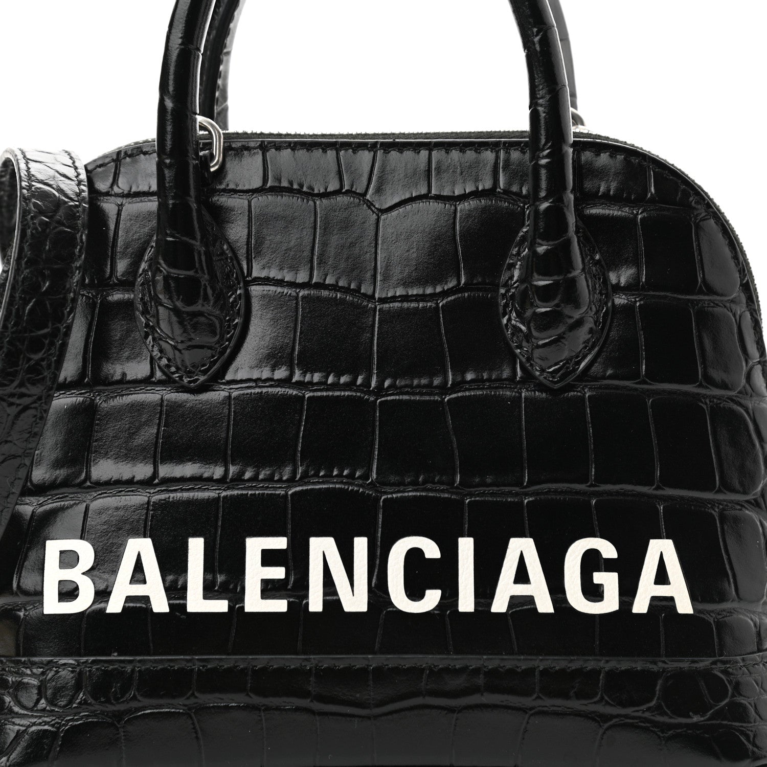 Balenciaga Calfskin Logo Crocodile Embossed XXS Ville Top Handle Bag Black White 7 of 9
