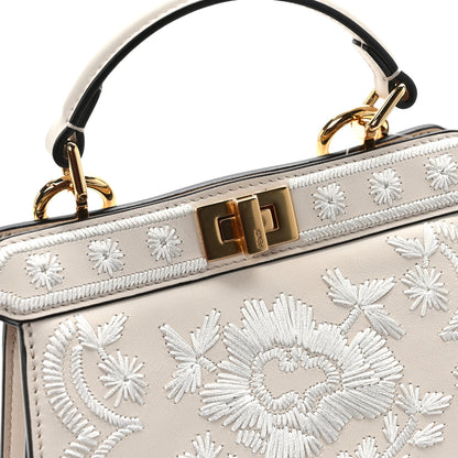 Fendi Vitello Seta Shiny Nappa Floral Embroidered Petite Peekaboo I SEE U Satchel Camelia White Ice 10 of 11
