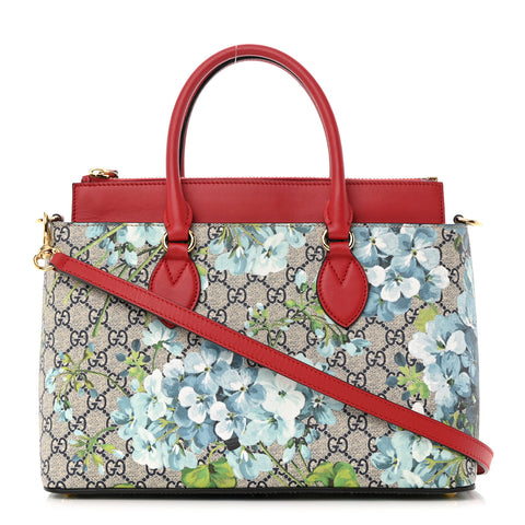 GG Supreme Monogram Blooms Medium Zip Top Tote Beige Blue Navy Hibiscus Red