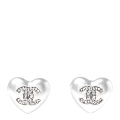 Chanel Pearl Crystal CC Heart Earrings Gold 1 of 5