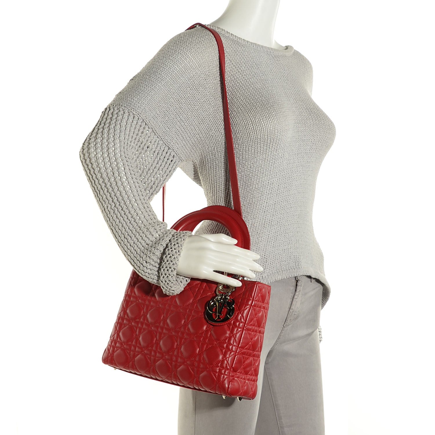 Christian Dior Lambskin Cannage Medium Lady Dior Red 9 of 14