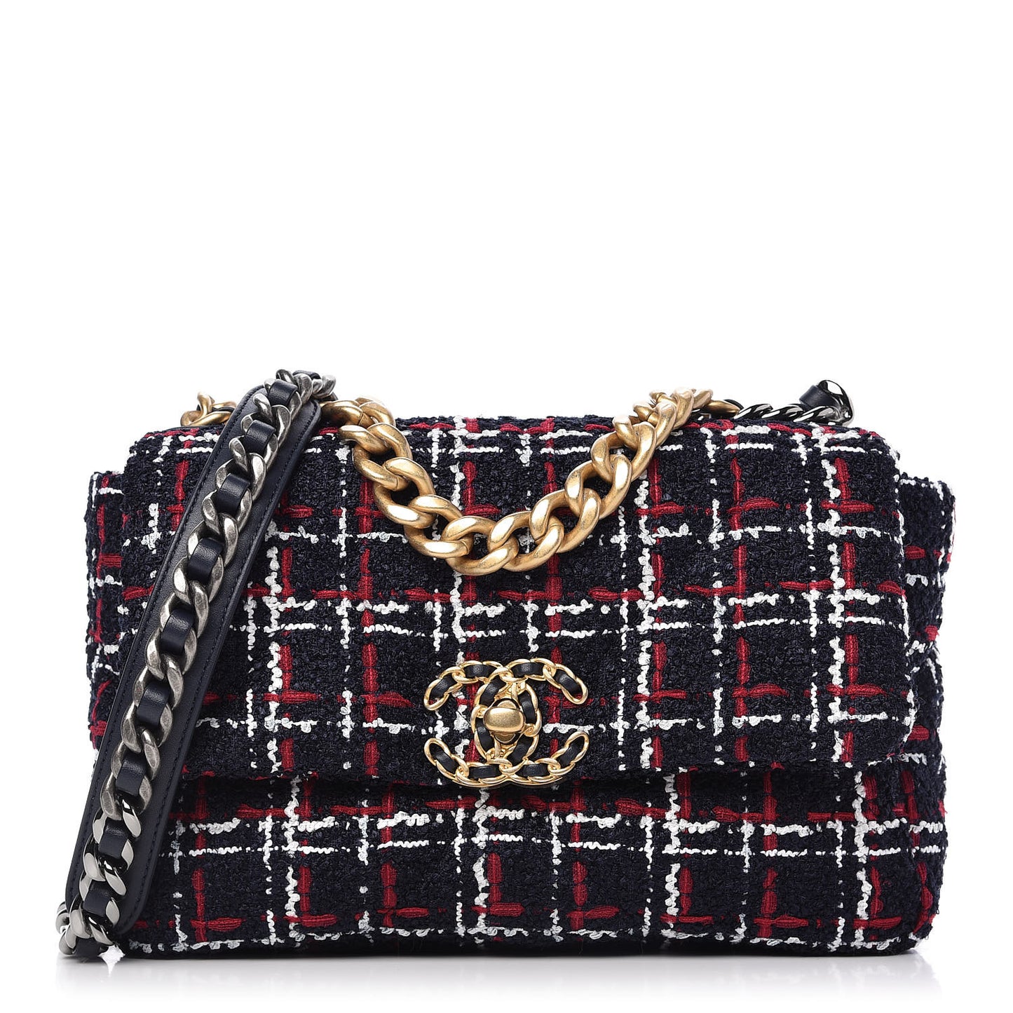 Tweed Quilted Medium Chanel 19 Flap Navy Blue White Red
