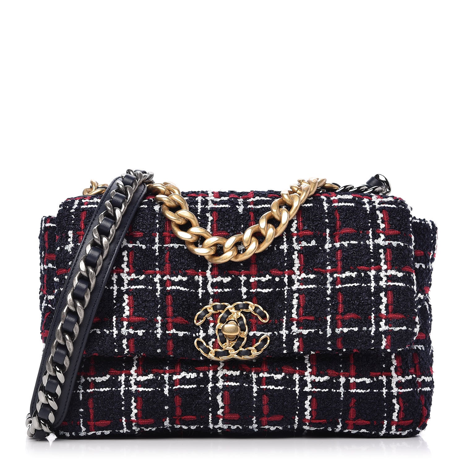Chanel Tweed Quilted Medium Chanel 19 Flap Navy Blue White Red 1 of 11