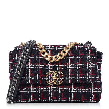 Chanel Tweed Quilted Medium Chanel 19 Flap Navy Blue White Red 1 of 11