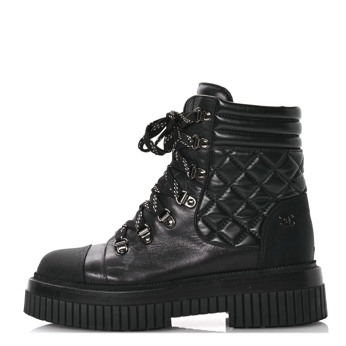 Calfskin Grosgrain Quilted Lace Up Boots 38 Black Grey