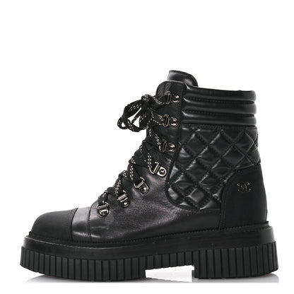 Chanel Calfskin Grosgrain Quilted Lace Up Boots 38 Black Grey 1 of 9