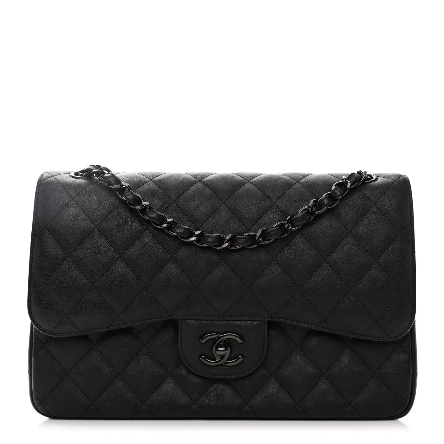 Crumpled Calfskin Quilted Jumbo Double Flap So Black