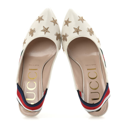 Gucci Malaga Kid Web Bee Star Embroidered Sylvie Mid Heel Slingback Pumps 37.5 White 2 of 10