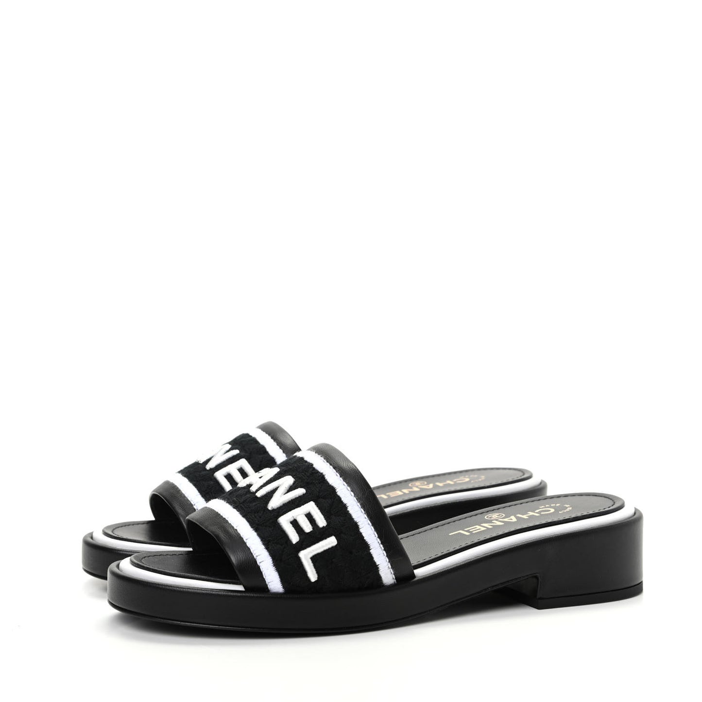 Lambskin Embroidered CC Mule Sandal 39 Black White