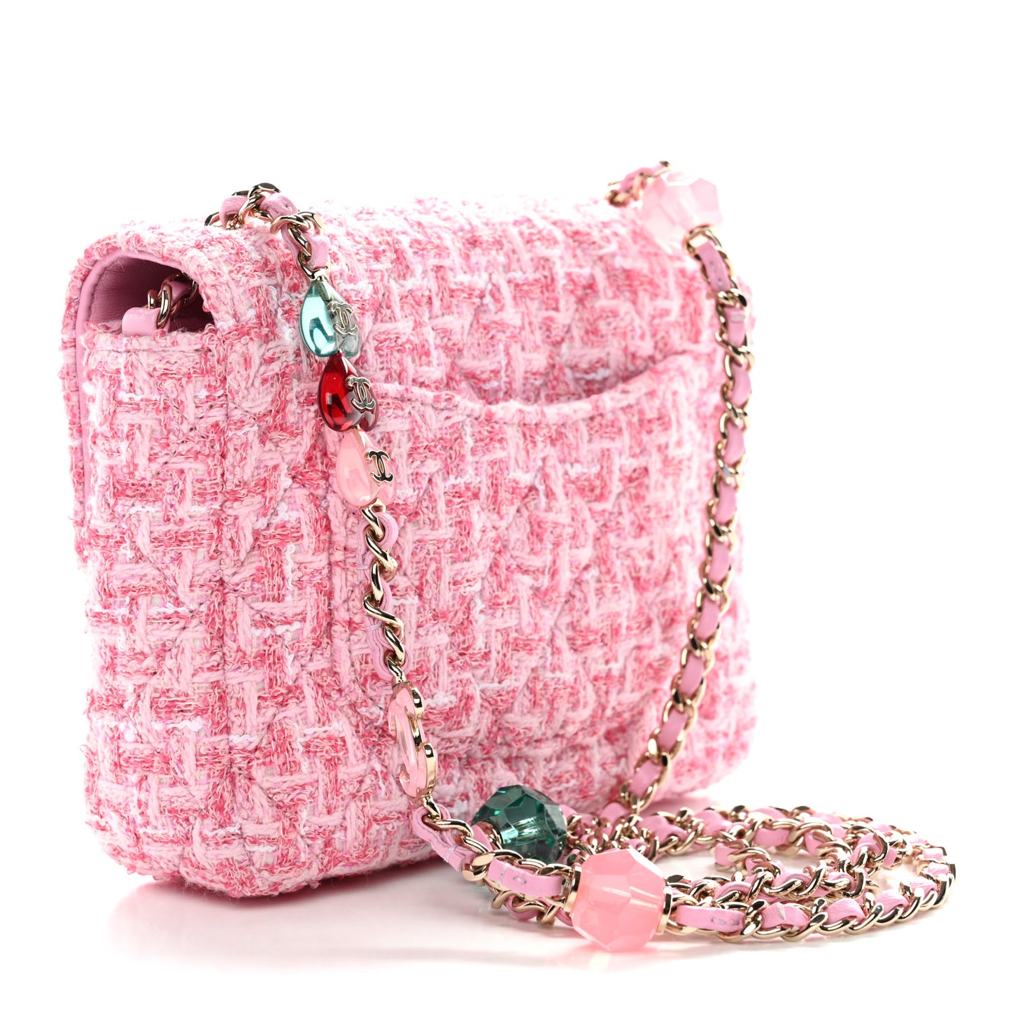 Tweed Resin Quilted Mini Heart Square Flap Pink White