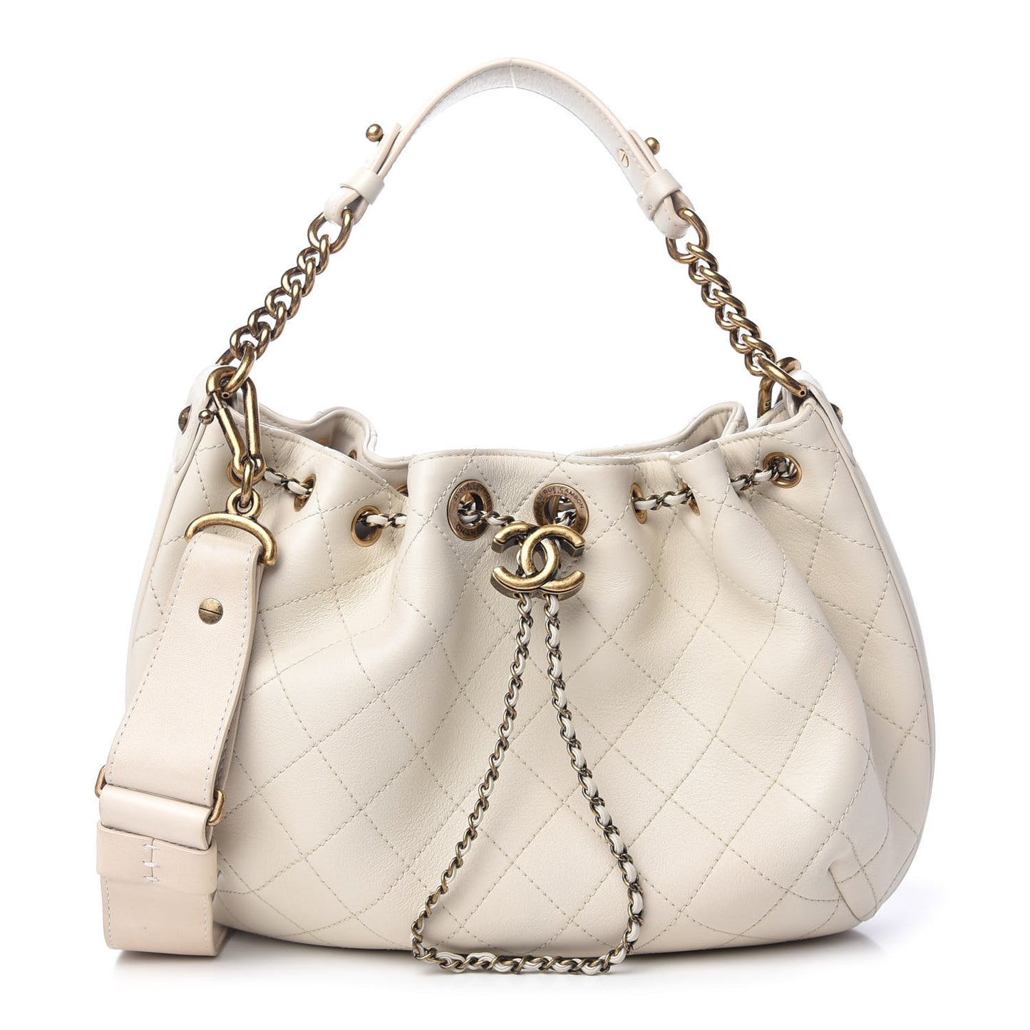 Calfskin Stitched Medium Drawstring CC Bag Ivory