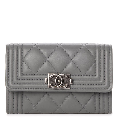 Chanel Calfskin Quilted Boy Card Holder Wallet Grey 1 of 8